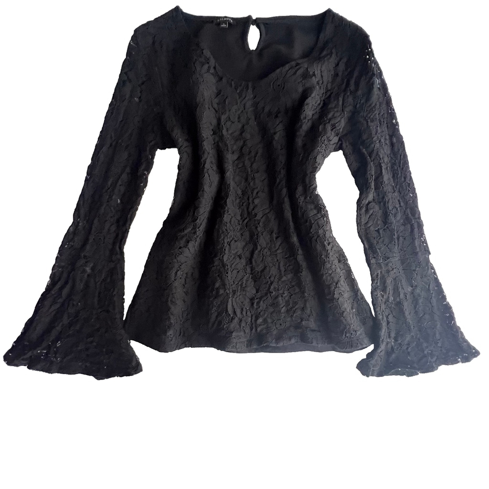 Talbots Black Lace High Neck Lined Bodice Long Flare Sleeve Top Whimsigoth Fairy